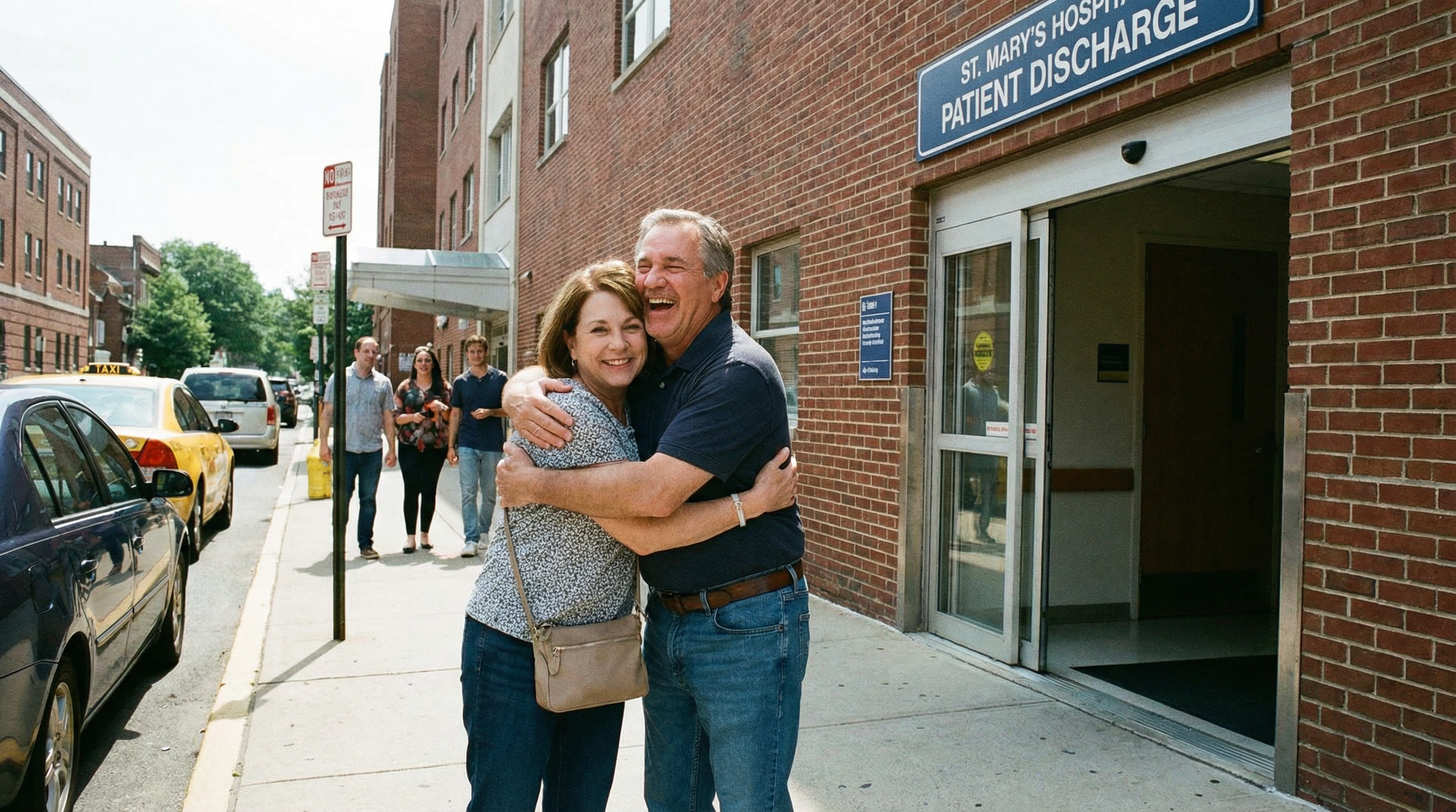 Patient walking out of hospital door, being greeted by family member with a hug