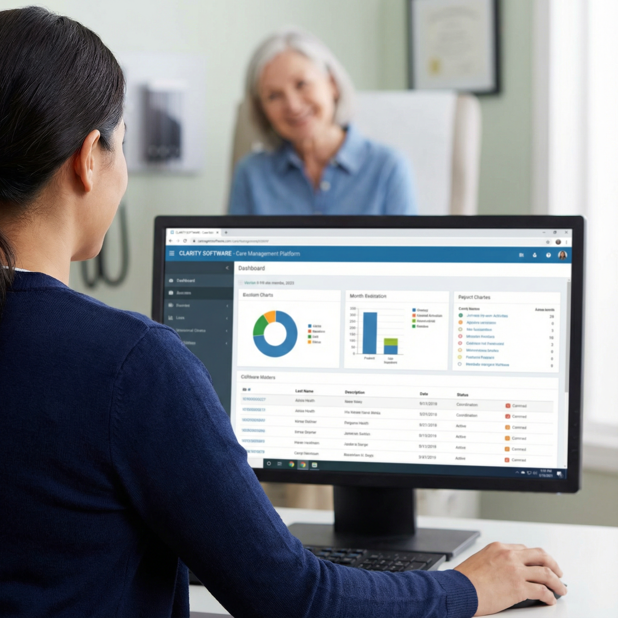 Over-the-shoulder view of care coordinator using CommonLight software while patient looks on in background