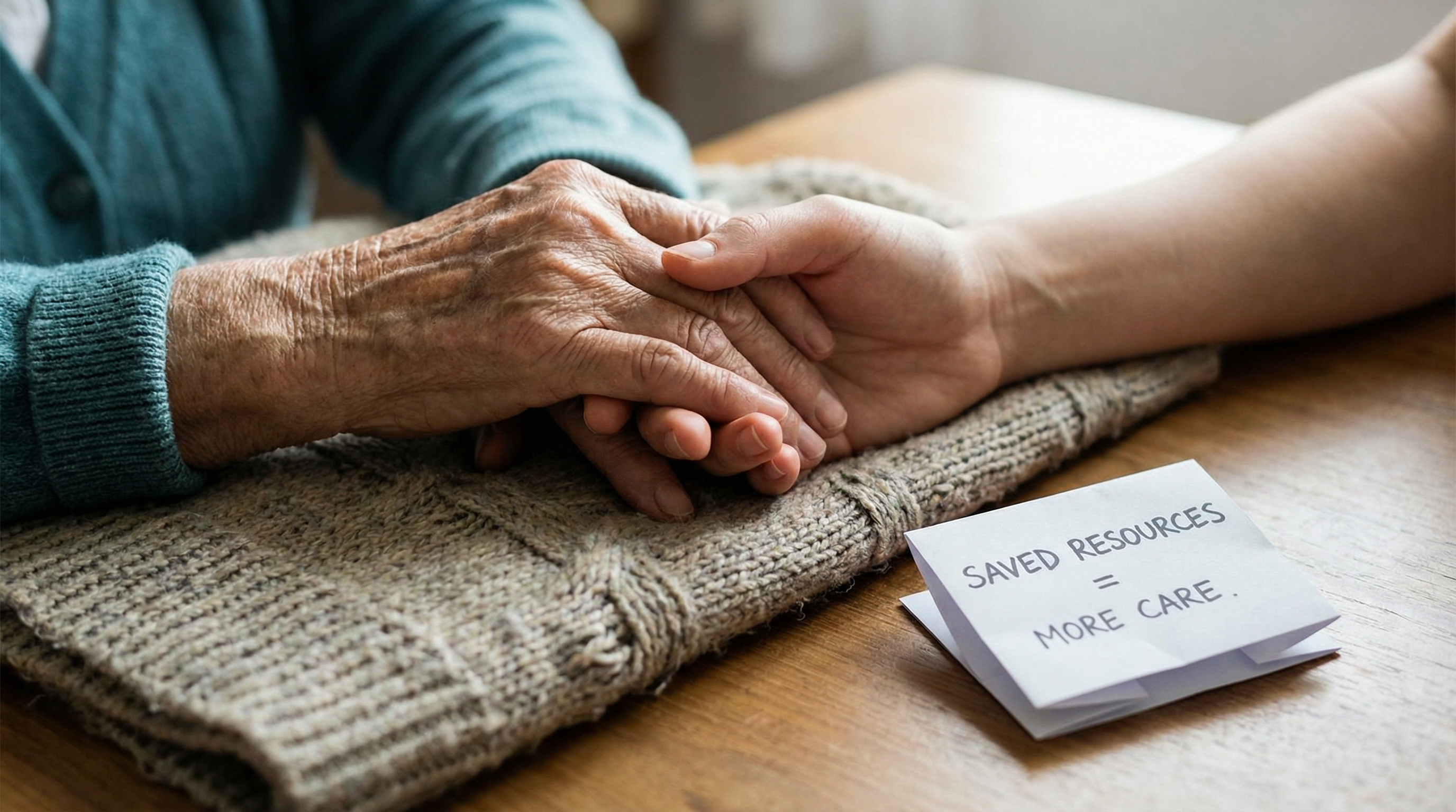 Close up of aging hand holding younger hand, symbolizing resources saved equals more care