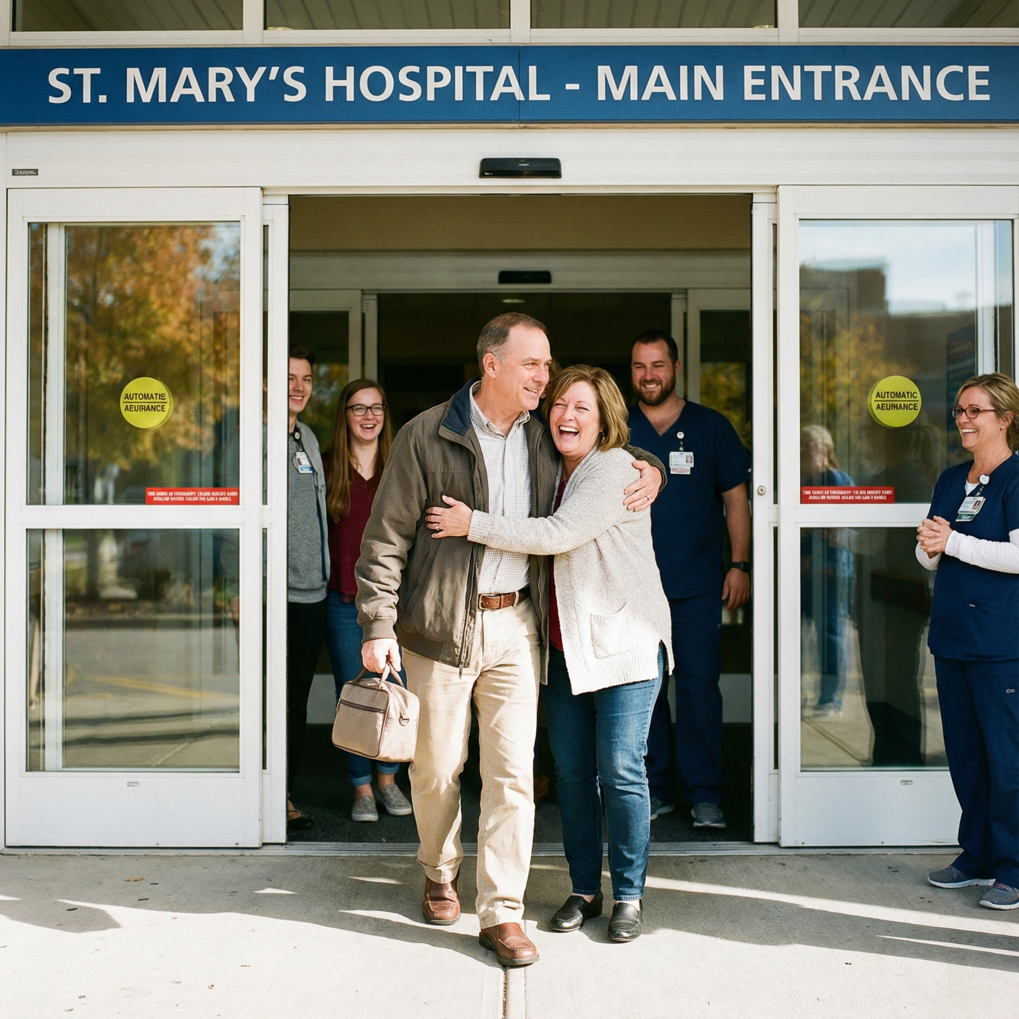 Diverse team of healthcare workers in morning huddle at hospital entrance