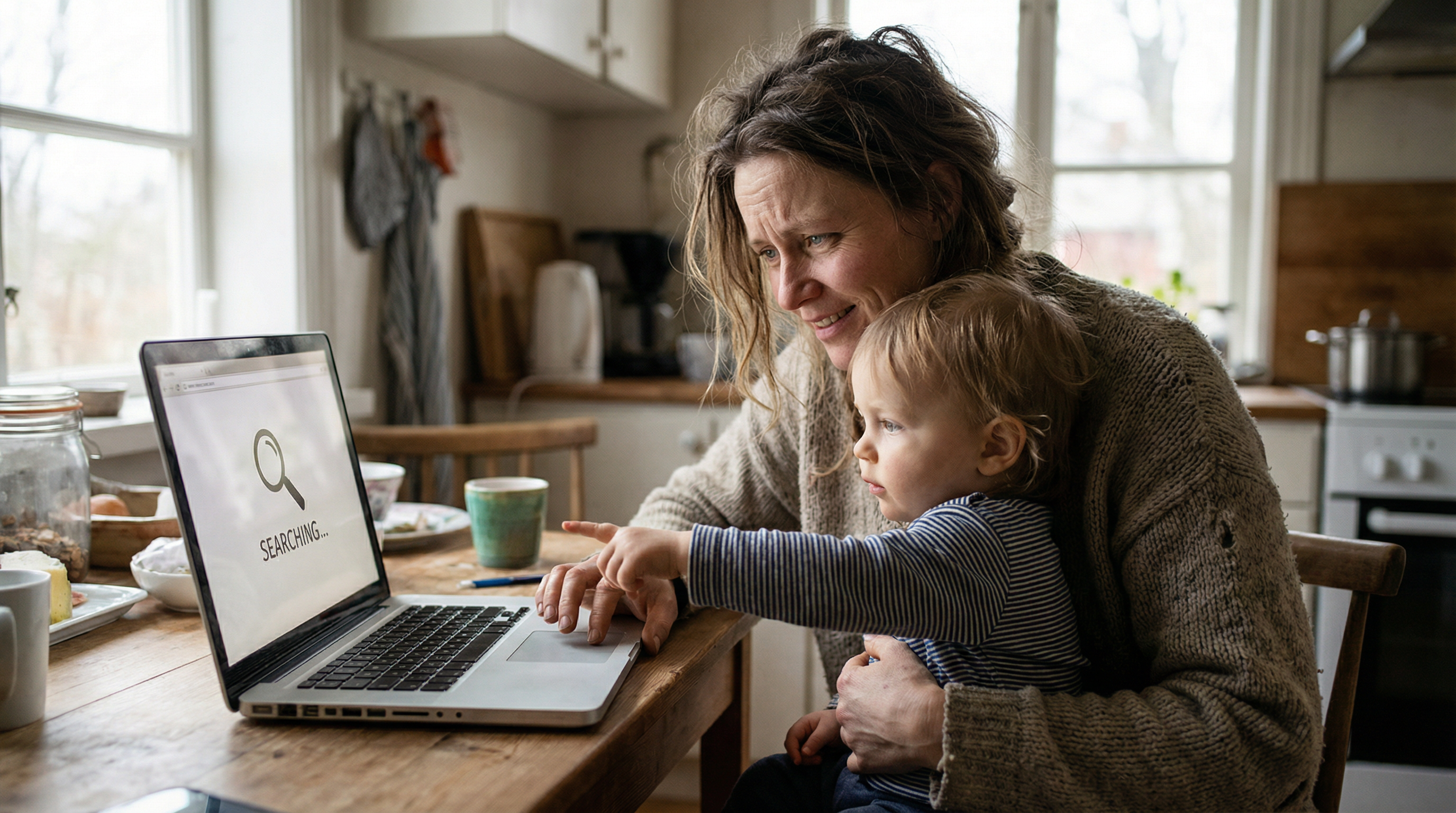 Mother holding toddler, looking at laptop screen with searching expression - concerned but hopeful