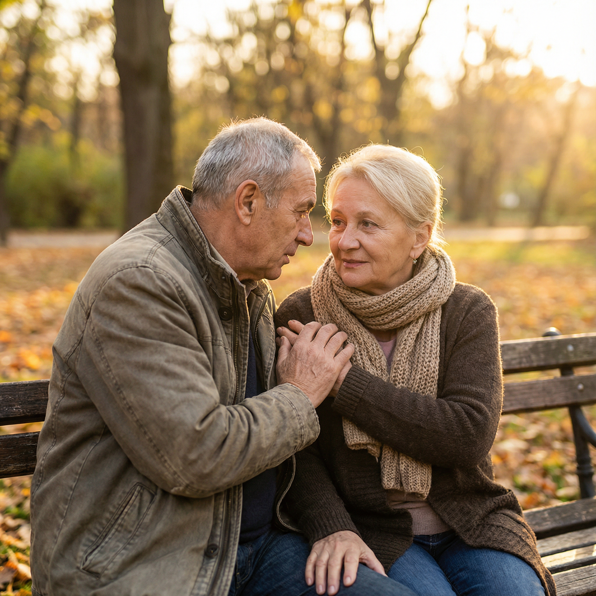 Two elderly people sitting on park bench in deep, caring conversation during golden hour