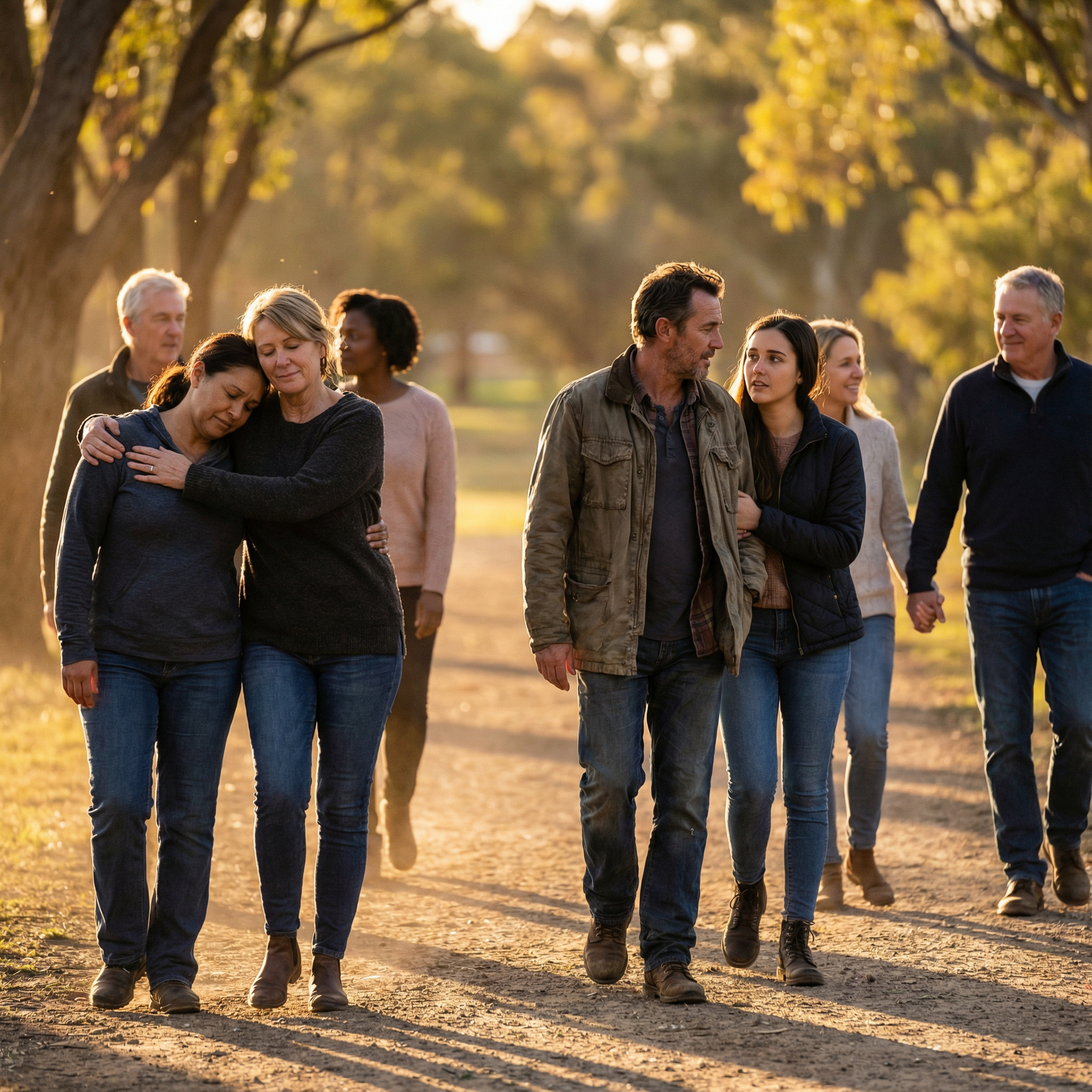 Diverse group of people walking together outdoors in warm golden hour light, showing connection and community
