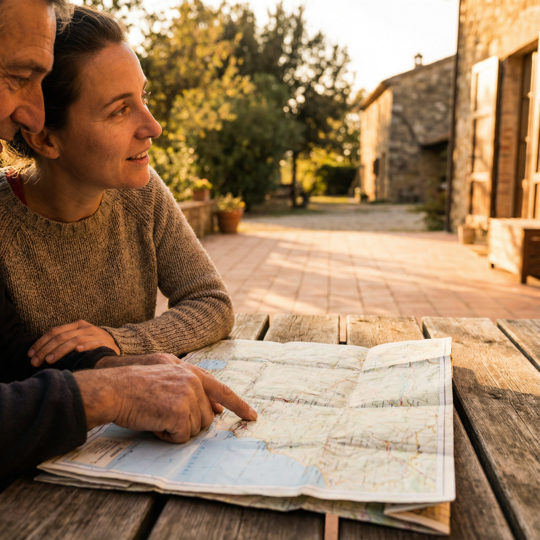 Person pointing at map on table outdoors, helping someone find a location in warm golden hour lighting