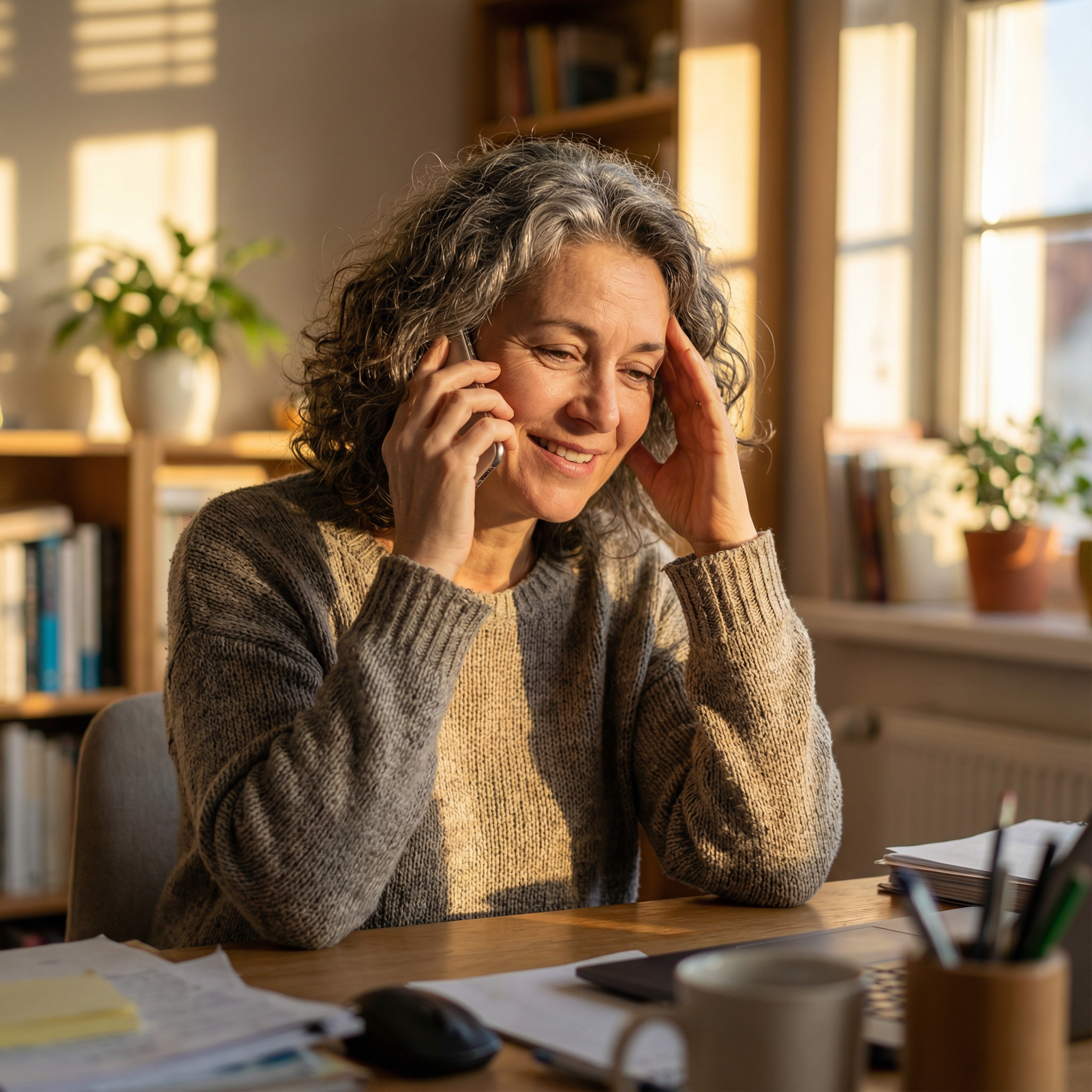 Social worker on phone call in home office, smiling warmly while taking notes in golden hour lighting