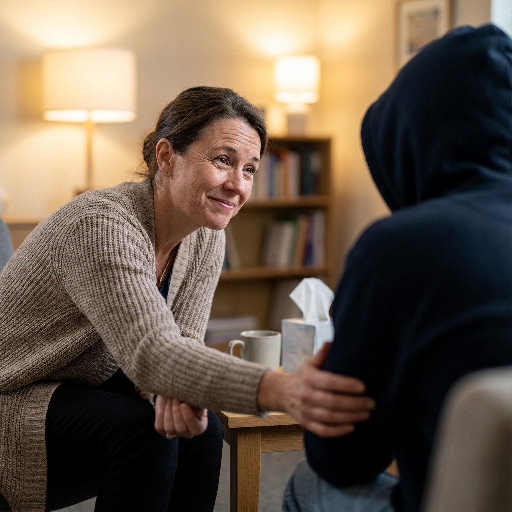 Community Health Worker sitting on couch with elderly woman, looking at tablet together in warm sunlit living room